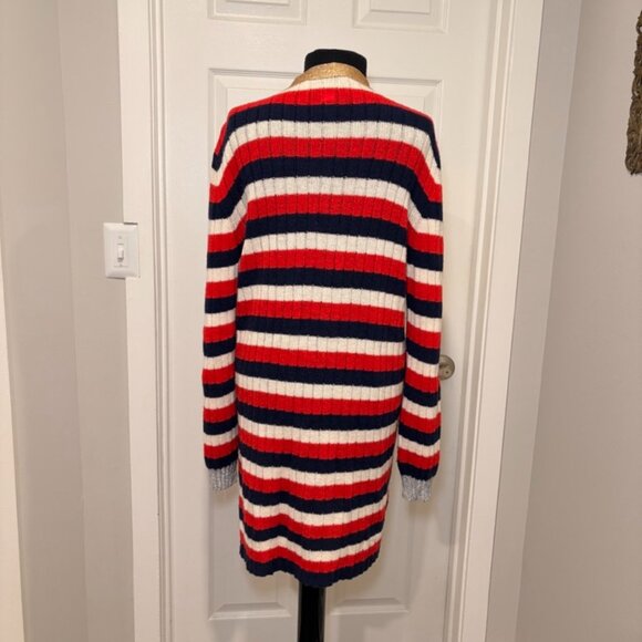 GUCCI Pearl Button, Red/White/Navy Cashmere Wool Cardigan - Picture 2 of 7